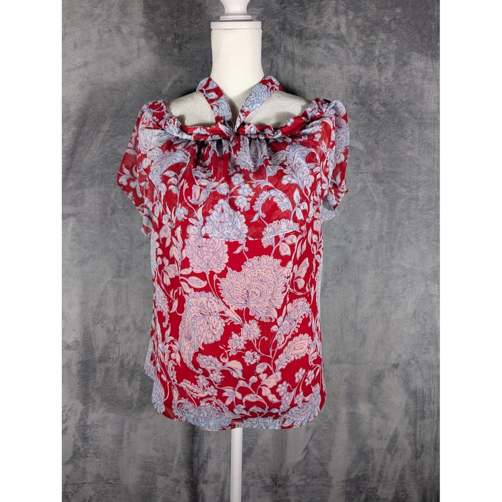Tommy Hilfiger‎ Blouse Womens Extra Small XS Red Floral Paisley Cold Shoulder